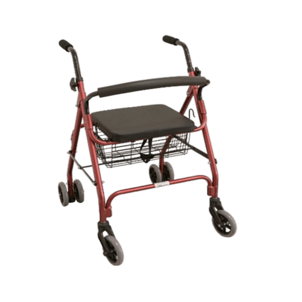 Rød rollator med kurv set forfra