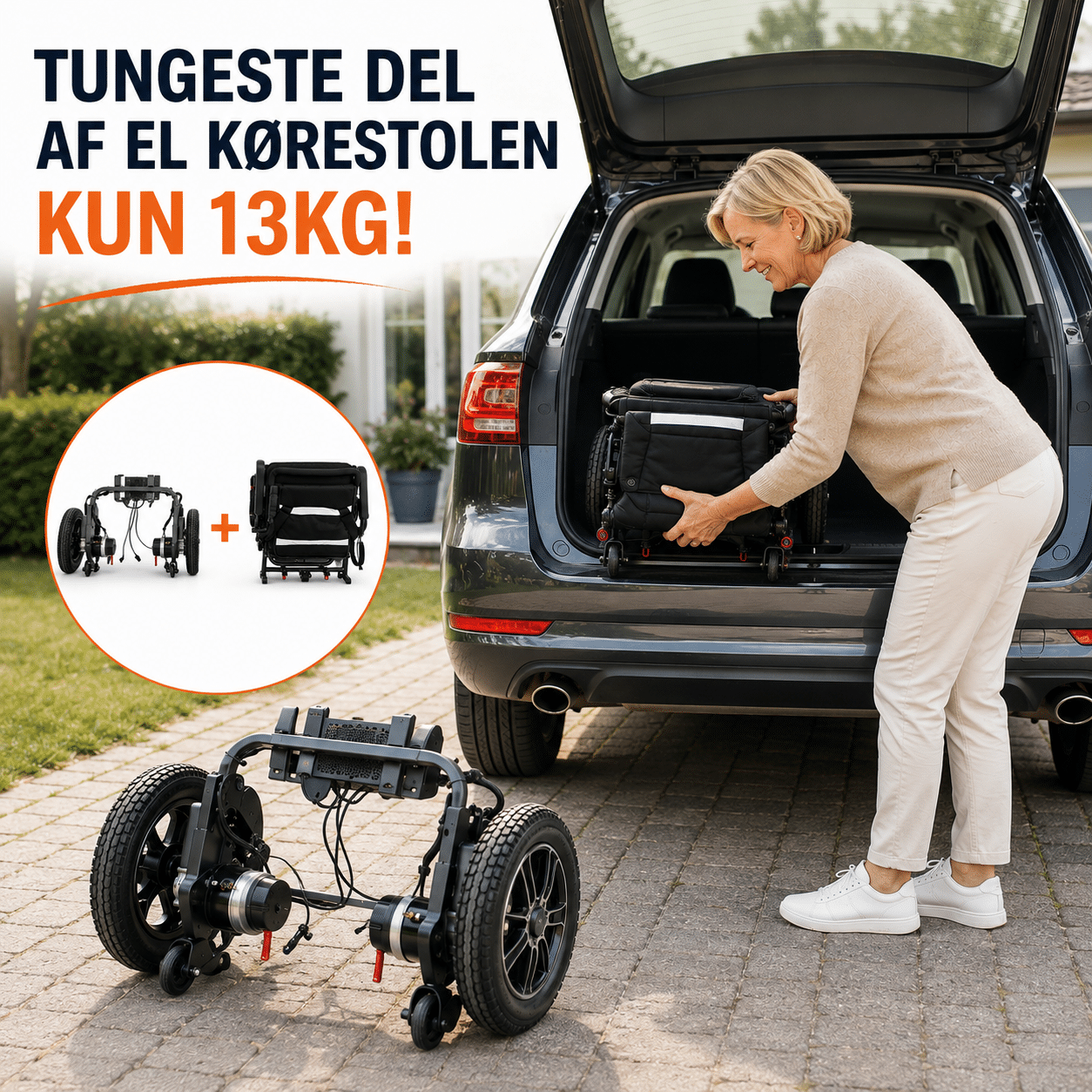 Kørestol, der kan adskilles i to dele og placeres i en bil