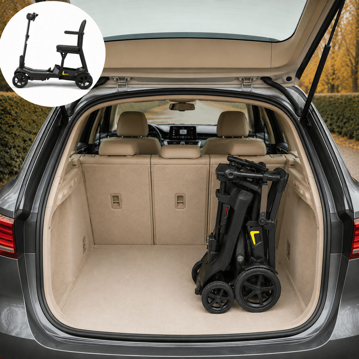 Foldbar el-scootermodel i bagsiden af ​​bilen foldet sammen